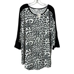 Stem & Vine Black White Leopard Print 3/4 Sleeve Tunic‎ Top Soft Women's 2X